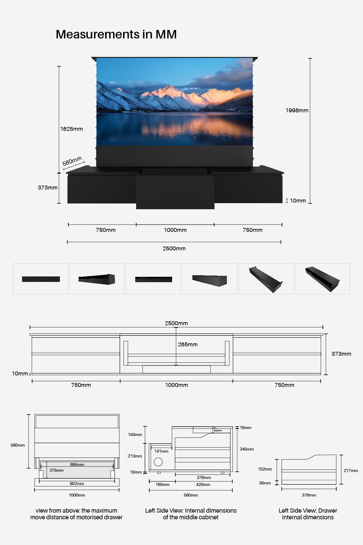 Shore 100-120" Black Motorized Laser TV Flat Pack Cabinet
